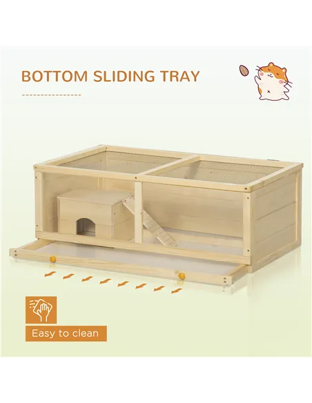 PawHut Wooden Hamster Cage with Sliding Tray, Openable Top, Hut for Syrian Hamster, Natural Wood Finish