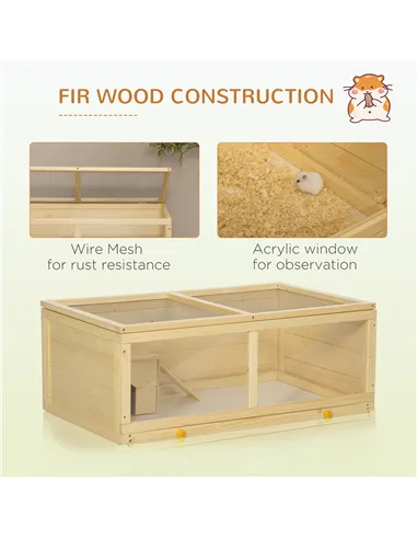 PawHut Wooden Hamster Cage with Sliding Tray, Openable Top, Hut for Syrian Hamster, Natural Wood Finish