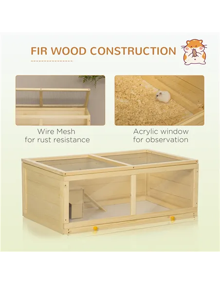 PawHut Wooden Hamster Cage with Sliding Tray, Openable Top, Hut for Syrian Hamster, Natural Wood Finish