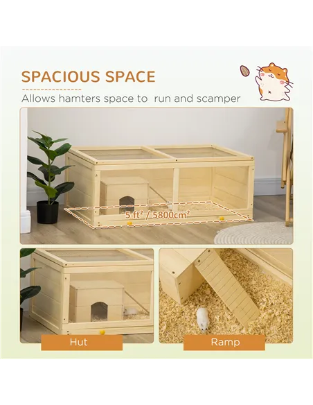 PawHut Wooden Hamster Cage with Sliding Tray, Openable Top, Hut for Syrian Hamster, Natural Wood Finish