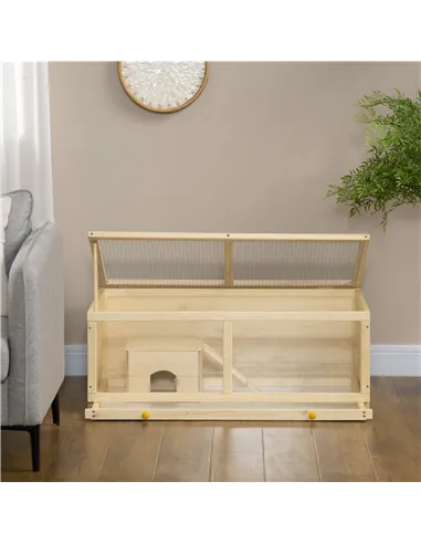 PawHut Wooden Hamster Cage with Sliding Tray, Openable Top, Hut for Syrian Hamster, Natural Wood Finish