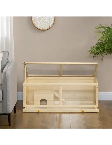 PawHut Wooden Hamster Cage with Sliding Tray, Openable Top, Hut for Syrian Hamster, Natural Wood Finish