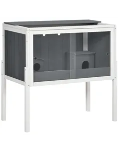 PawHut Wooden Hamster Cage for Dwarf Hamsters, Gerbils, Rutin Chicken, with Shelf, Two Huts - Grey