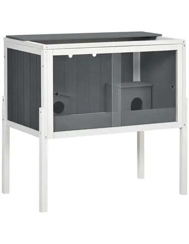 PawHut Wooden Hamster Cage for Dwarf Hamsters, Gerbils, Rutin Chicken, with Shelf, Two Huts - Grey