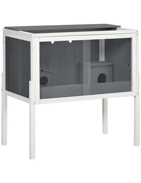 PawHut Wooden Hamster Cage for Dwarf Hamsters, Gerbils, Rutin Chicken, with Shelf, Two Huts - Grey