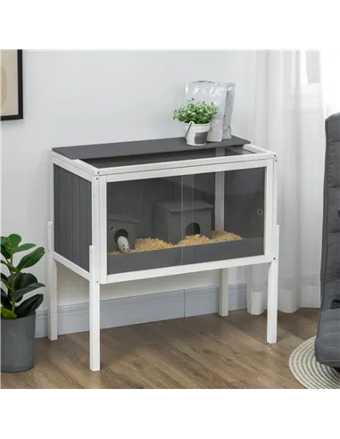 PawHut Wooden Hamster Cage for Dwarf Hamsters, Gerbils, Rutin Chicken, with Shelf, Two Huts - Grey