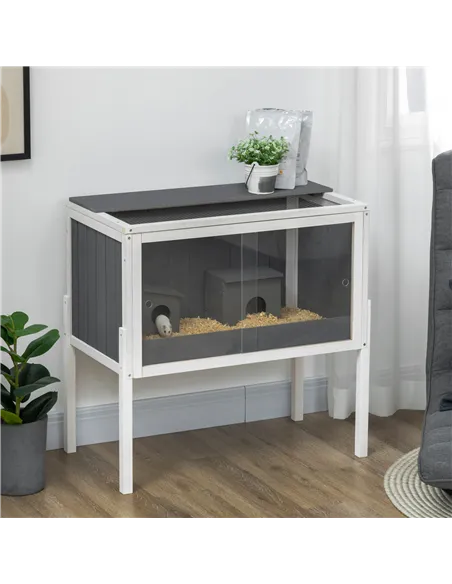 PawHut Wooden Hamster Cage for Dwarf Hamsters, Gerbils, Rutin Chicken, with Shelf, Two Huts - Grey