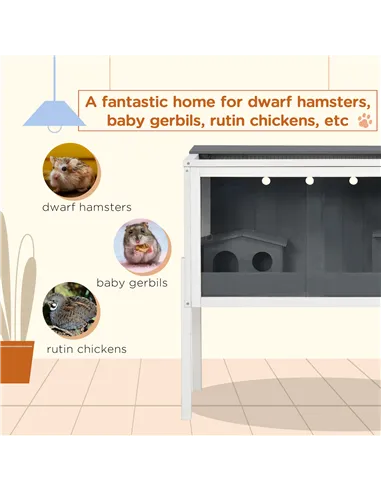 PawHut Wooden Hamster Cage for Dwarf Hamsters, Gerbils, Rutin Chicken, with Shelf, Two Huts - Grey