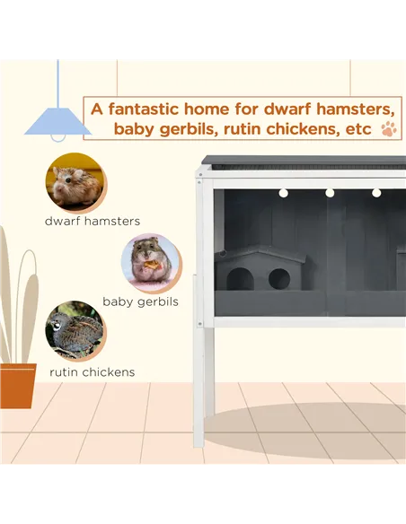 PawHut Wooden Hamster Cage for Dwarf Hamsters, Gerbils, Rutin Chicken, with Shelf, Two Huts - Grey