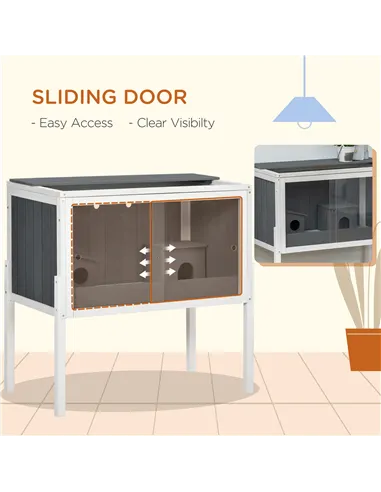 PawHut Wooden Hamster Cage for Dwarf Hamsters, Gerbils, Rutin Chicken, with Shelf, Two Huts - Grey