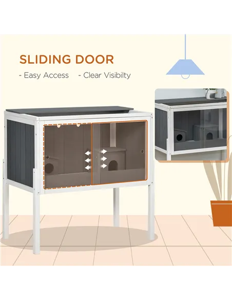 PawHut Wooden Hamster Cage for Dwarf Hamsters, Gerbils, Rutin Chicken, with Shelf, Two Huts - Grey