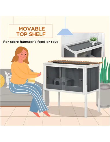 PawHut Wooden Hamster Cage for Dwarf Hamsters, Gerbils, Rutin Chicken, with Shelf, Two Huts - Grey