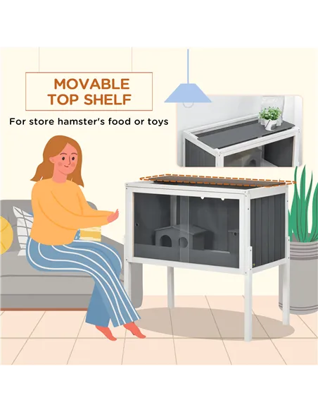 PawHut Wooden Hamster Cage for Dwarf Hamsters, Gerbils, Rutin Chicken, with Shelf, Two Huts - Grey