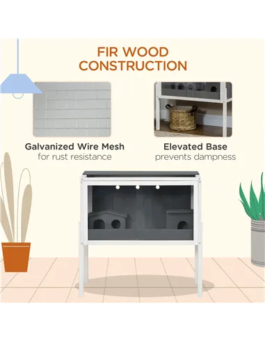 PawHut Wooden Hamster Cage for Dwarf Hamsters, Gerbils, Rutin Chicken, with Shelf, Two Huts - Grey