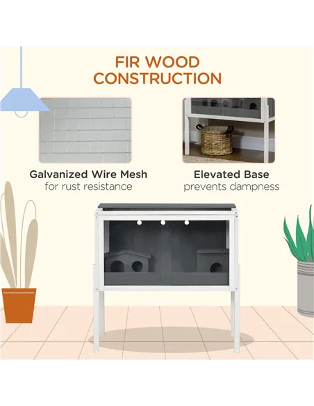 PawHut Wooden Hamster Cage for Dwarf Hamsters, Gerbils, Rutin Chicken, with Shelf, Two Huts - Grey