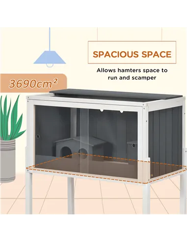 PawHut Wooden Hamster Cage for Dwarf Hamsters, Gerbils, Rutin Chicken, with Shelf, Two Huts - Grey