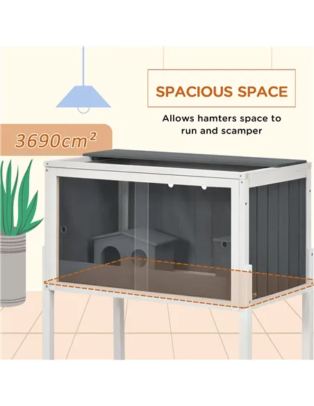 PawHut Wooden Hamster Cage for Dwarf Hamsters, Gerbils, Rutin Chicken, with Shelf, Two Huts - Grey