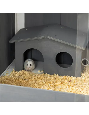 PawHut Wooden Hamster Cage for Dwarf Hamsters, Gerbils, Rutin Chicken, with Shelf, Two Huts - Grey