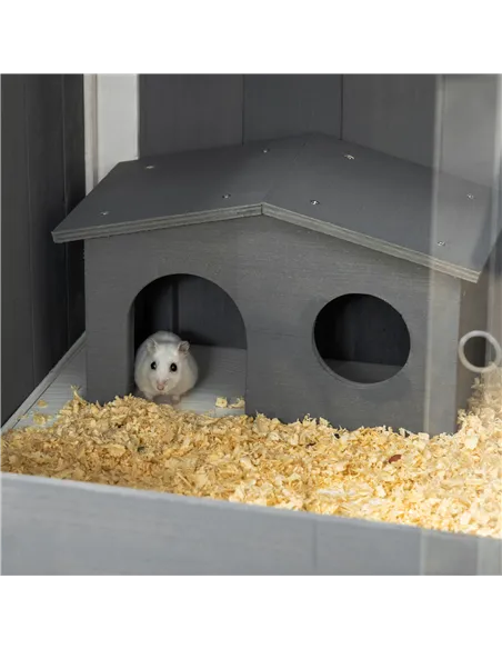 PawHut Wooden Hamster Cage for Dwarf Hamsters, Gerbils, Rutin Chicken, with Shelf, Two Huts - Grey