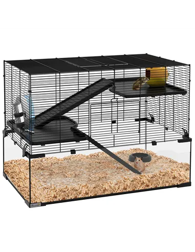 PawHut 3 Tiers Hamster Cage, Gerbil Cage with Deep Glass Bottom, Non-Slip Ramps, Platforms, Hut, Exercise Wheels, Water Bottle, 