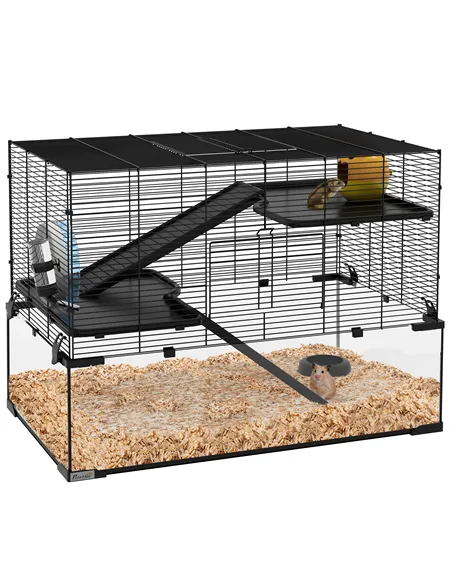 PawHut 3 Tiers Hamster Cage, Gerbil Cage with Deep Glass Bottom, Non-Slip Ramps, Platforms, Hut, Exercise Wheels, Water Bottle, 