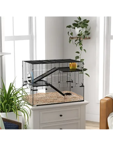 PawHut 3 Tiers Hamster Cage, Gerbil Cage with Deep Glass Bottom, Non-Slip Ramps, Platforms, Hut, Exercise Wheels, Water Bottle, 