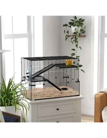 PawHut 3 Tiers Hamster Cage, Gerbil Cage with Deep Glass Bottom, Non-Slip Ramps, Platforms, Hut, Exercise Wheels, Water Bottle, 