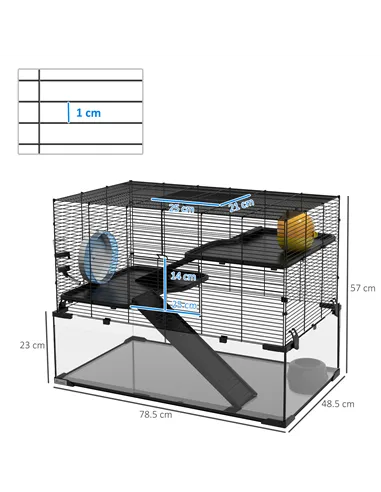 PawHut 3 Tiers Hamster Cage, Gerbil Cage with Deep Glass Bottom, Non-Slip Ramps, Platforms, Hut, Exercise Wheels, Water Bottle, 