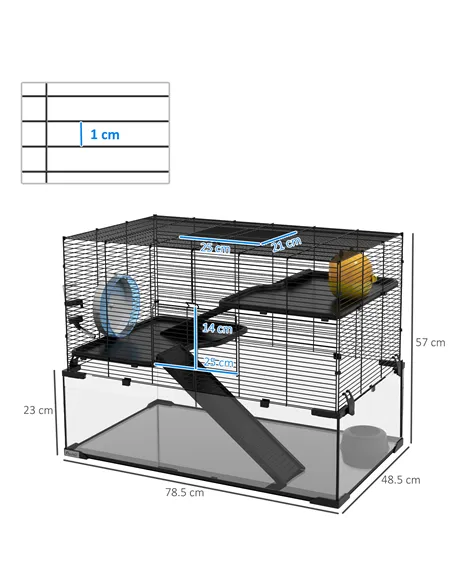 PawHut 3 Tiers Hamster Cage, Gerbil Cage with Deep Glass Bottom, Non-Slip Ramps, Platforms, Hut, Exercise Wheels, Water Bottle, 