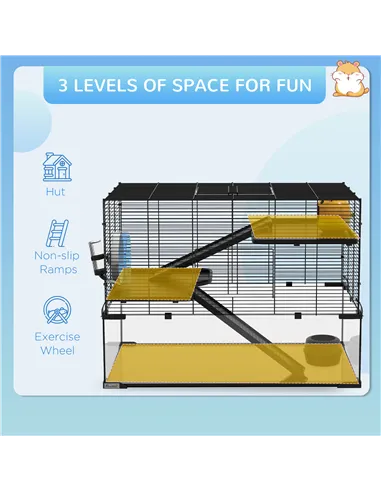 PawHut 3 Tiers Hamster Cage, Gerbil Cage with Deep Glass Bottom, Non-Slip Ramps, Platforms, Hut, Exercise Wheels, Water Bottle, 