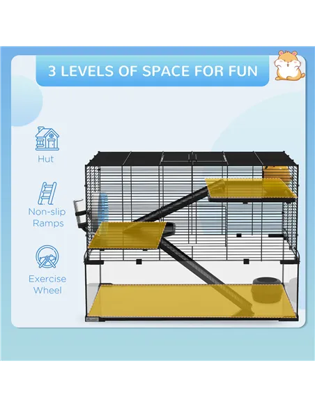 PawHut 3 Tiers Hamster Cage, Gerbil Cage with Deep Glass Bottom, Non-Slip Ramps, Platforms, Hut, Exercise Wheels, Water Bottle, 