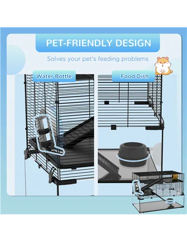 PawHut 3 Tiers Hamster Cage, Gerbil Cage with Deep Glass Bottom, Non-Slip Ramps, Platforms, Hut, Exercise Wheels, Water Bottle, 