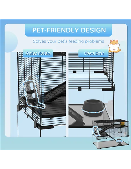 PawHut 3 Tiers Hamster Cage, Gerbil Cage with Deep Glass Bottom, Non-Slip Ramps, Platforms, Hut, Exercise Wheels, Water Bottle, 