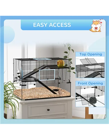 PawHut 3 Tiers Hamster Cage, Gerbil Cage with Deep Glass Bottom, Non-Slip Ramps, Platforms, Hut, Exercise Wheels, Water Bottle, 