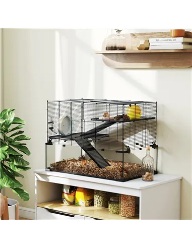 PawHut 3 Tiers Hamster Cage, Gerbil Cage with Deep Glass Bottom, Non-Slip Ramps, Platforms, Hut, Exercise Wheels, Water Bottle, 
