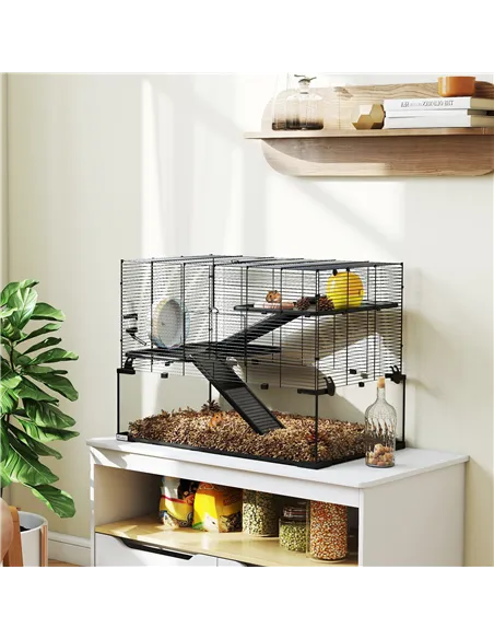 PawHut 3 Tiers Hamster Cage, Gerbil Cage with Deep Glass Bottom, Non-Slip Ramps, Platforms, Hut, Exercise Wheels, Water Bottle, 