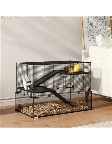 PawHut 3 Tiers Hamster Cage, Gerbil Cage with Deep Glass Bottom, Non-Slip Ramps, Platforms, Hut, Exercise Wheels, Water Bottle, 