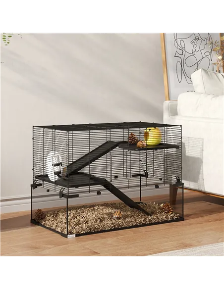 PawHut 3 Tiers Hamster Cage, Gerbil Cage with Deep Glass Bottom, Non-Slip Ramps, Platforms, Hut, Exercise Wheels, Water Bottle, 