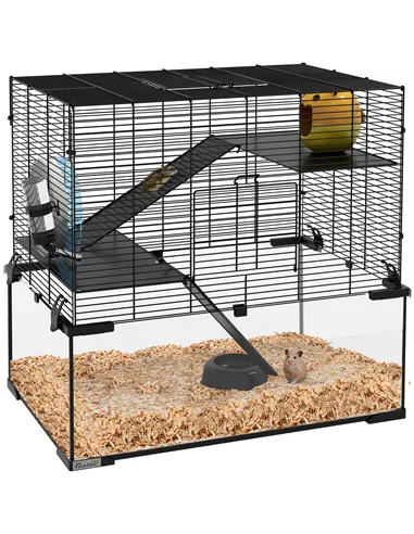PawHut 3 Tiers Hamster Cage, Gerbil Cage with Deep Glass Bottom, Non-Slip Ramps, Platforms, Hut, Exercise Wheels, Water Bottle, 