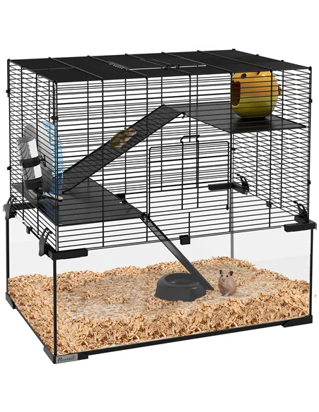PawHut 3 Tiers Hamster Cage, Gerbil Cage with Deep Glass Bottom, Non-Slip Ramps, Platforms, Hut, Exercise Wheels, Water Bottle, 