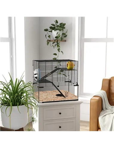 PawHut 3 Tiers Hamster Cage, Gerbil Cage with Deep Glass Bottom, Non-Slip Ramps, Platforms, Hut, Exercise Wheels, Water Bottle, 