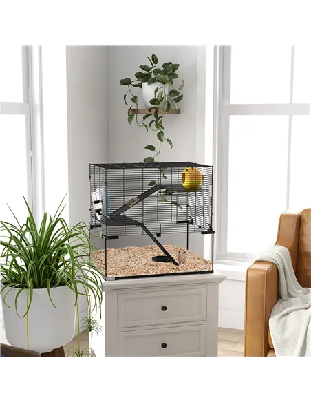 PawHut 3 Tiers Hamster Cage, Gerbil Cage with Deep Glass Bottom, Non-Slip Ramps, Platforms, Hut, Exercise Wheels, Water Bottle, 
