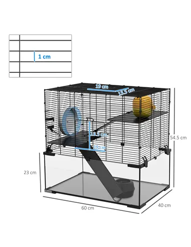 PawHut 3 Tiers Hamster Cage, Gerbil Cage with Deep Glass Bottom, Non-Slip Ramps, Platforms, Hut, Exercise Wheels, Water Bottle, 