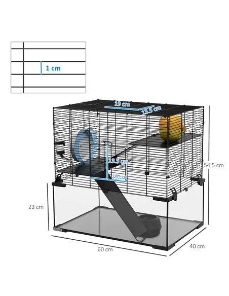 PawHut 3 Tiers Hamster Cage, Gerbil Cage with Deep Glass Bottom, Non-Slip Ramps, Platforms, Hut, Exercise Wheels, Water Bottle, 