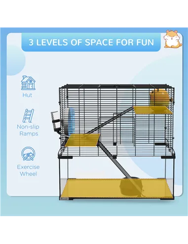 PawHut 3 Tiers Hamster Cage, Gerbil Cage with Deep Glass Bottom, Non-Slip Ramps, Platforms, Hut, Exercise Wheels, Water Bottle, 