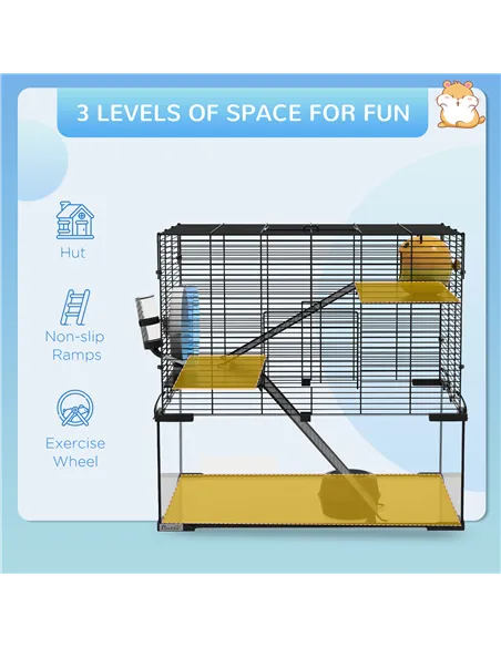 PawHut 3 Tiers Hamster Cage, Gerbil Cage with Deep Glass Bottom, Non-Slip Ramps, Platforms, Hut, Exercise Wheels, Water Bottle, 