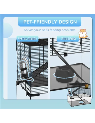 PawHut 3 Tiers Hamster Cage, Gerbil Cage with Deep Glass Bottom, Non-Slip Ramps, Platforms, Hut, Exercise Wheels, Water Bottle, 