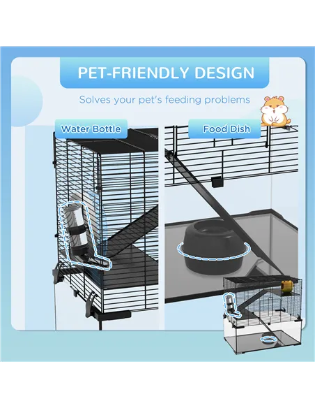 PawHut 3 Tiers Hamster Cage, Gerbil Cage with Deep Glass Bottom, Non-Slip Ramps, Platforms, Hut, Exercise Wheels, Water Bottle, 