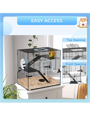 PawHut 3 Tiers Hamster Cage, Gerbil Cage with Deep Glass Bottom, Non-Slip Ramps, Platforms, Hut, Exercise Wheels, Water Bottle, 