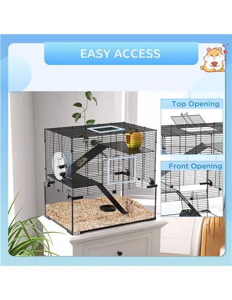 PawHut 3 Tiers Hamster Cage, Gerbil Cage with Deep Glass Bottom, Non-Slip Ramps, Platforms, Hut, Exercise Wheels, Water Bottle, 